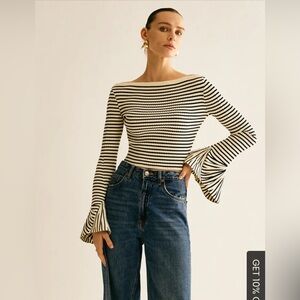 Commense Black and White Striped Off-the-Shoulder Sweater